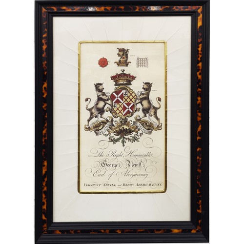 67 - HERALDIC PRINTS, a set of three, with ivorine mounts and faux tortoise shell frames, each 67cm x 46c... 