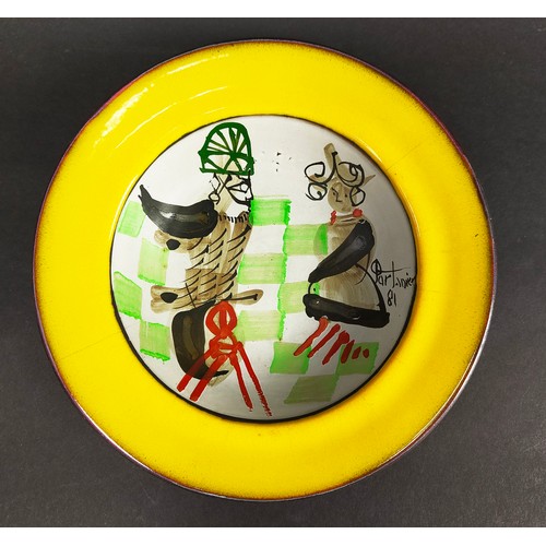 27 - GILBERT PORTANIER, two handpainted dishes, terracotta bodies, one dated 1979, the other dated 1981, ... 