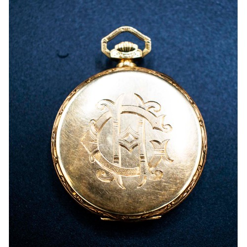 23 - GOLD ELGIN POCKET WATCH, 14ct with engraved initials.