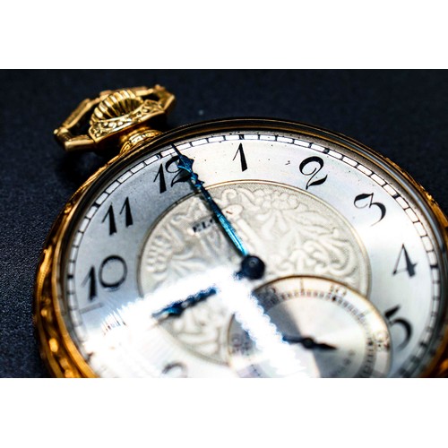 23 - GOLD ELGIN POCKET WATCH, 14ct with engraved initials.