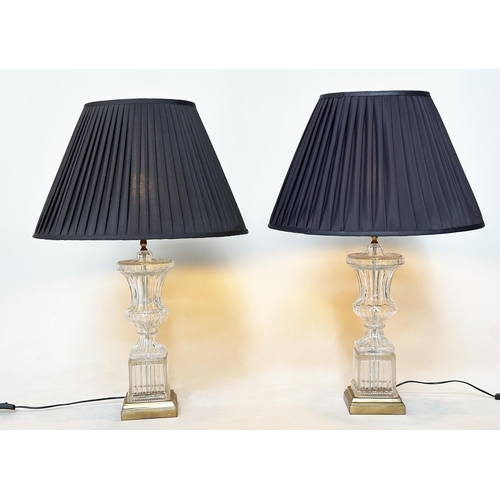 289 - TABLE LAMPS, a pair, urn shaped glass on gilt metal square bases with pleated shades, 60cm H base on... 