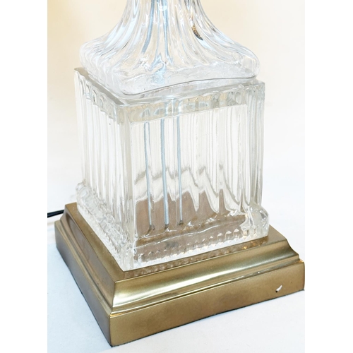 289 - TABLE LAMPS, a pair, urn shaped glass on gilt metal square bases with pleated shades, 60cm H base on... 