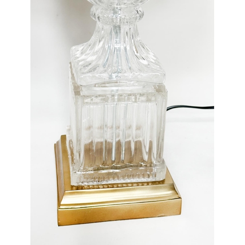 289 - TABLE LAMPS, a pair, urn shaped glass on gilt metal square bases with pleated shades, 60cm H base on... 