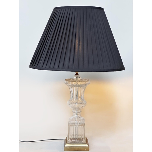 289 - TABLE LAMPS, a pair, urn shaped glass on gilt metal square bases with pleated shades, 60cm H base on... 