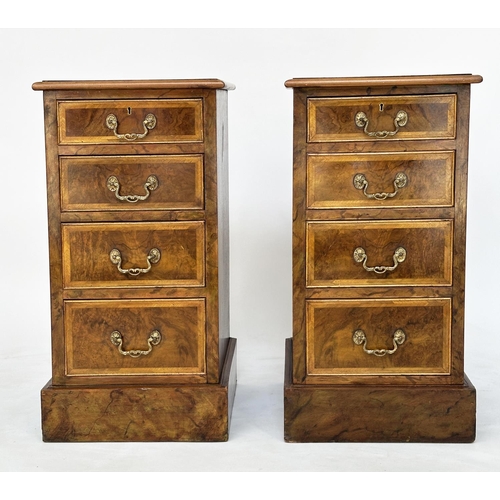 167 - BEDSIDE CHESTS, a pair, George III design burr walnut and crossbanded each with four graduated drawe... 