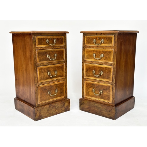 167 - BEDSIDE CHESTS, a pair, George III design burr walnut and crossbanded each with four graduated drawe... 