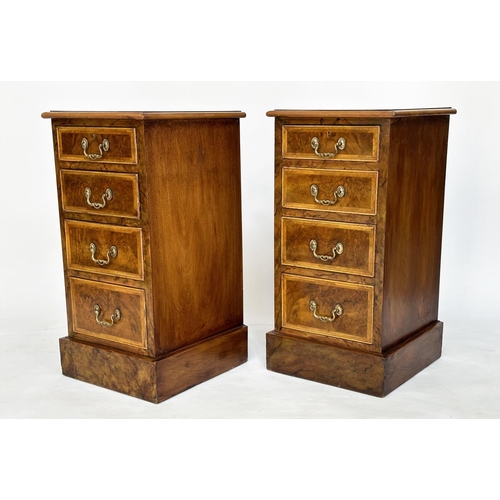 167 - BEDSIDE CHESTS, a pair, George III design burr walnut and crossbanded each with four graduated drawe... 