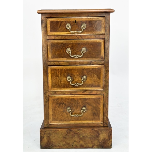 167 - BEDSIDE CHESTS, a pair, George III design burr walnut and crossbanded each with four graduated drawe... 