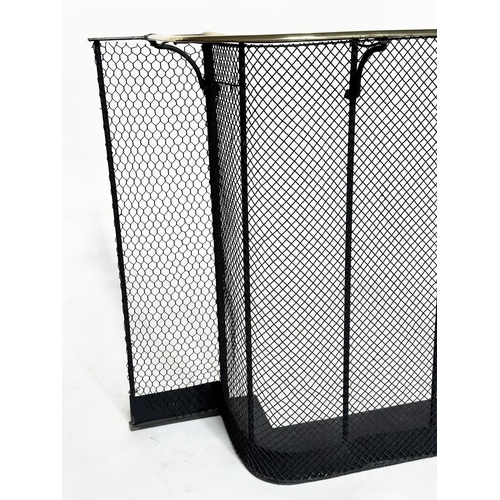 168 - NURSERY FENDER, Victorian wrought iron, mesh and brass bound with additional brass rail and of stepp... 