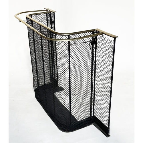 168 - NURSERY FENDER, Victorian wrought iron, mesh and brass bound with additional brass rail and of stepp... 