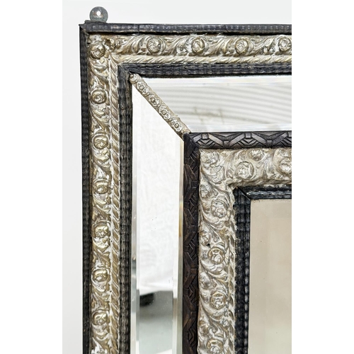 262 - DUTCH WALL MIRROR, 19th century rectangular ebony and repoussé silvered metal, with cushion shaped m... 