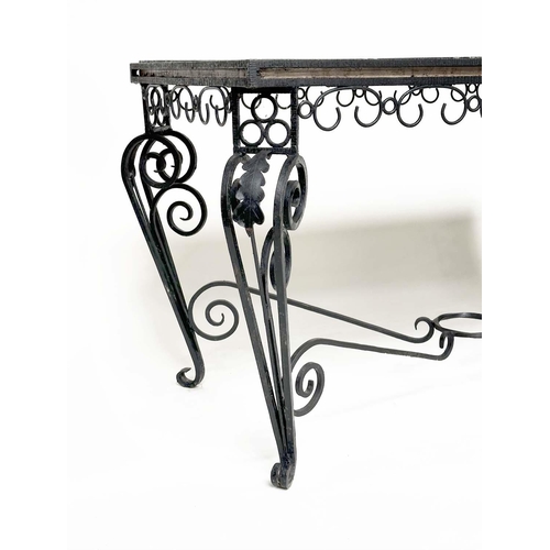 162 - SPECIMEN CENTRE TABLE, mid 20th century French raised upon wrought iron scroll support, 127cm W x 68... 