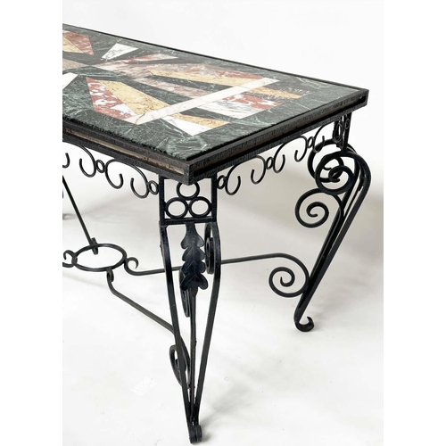 162 - SPECIMEN CENTRE TABLE, mid 20th century French raised upon wrought iron scroll support, 127cm W x 68... 