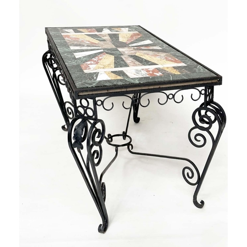 162 - SPECIMEN CENTRE TABLE, mid 20th century French raised upon wrought iron scroll support, 127cm W x 68... 