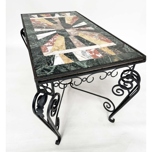 162 - SPECIMEN CENTRE TABLE, mid 20th century French raised upon wrought iron scroll support, 127cm W x 68... 