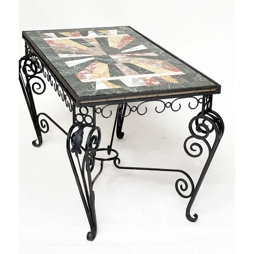 162 - SPECIMEN CENTRE TABLE, mid 20th century French raised upon wrought iron scroll support, 127cm W x 68... 