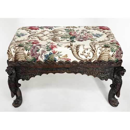 163 - HEARTH STOOL, 19th century Indian carved teak with English Country House style cotton upholstery, 82... 