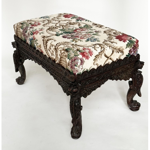 163 - HEARTH STOOL, 19th century Indian carved teak with English Country House style cotton upholstery, 82... 