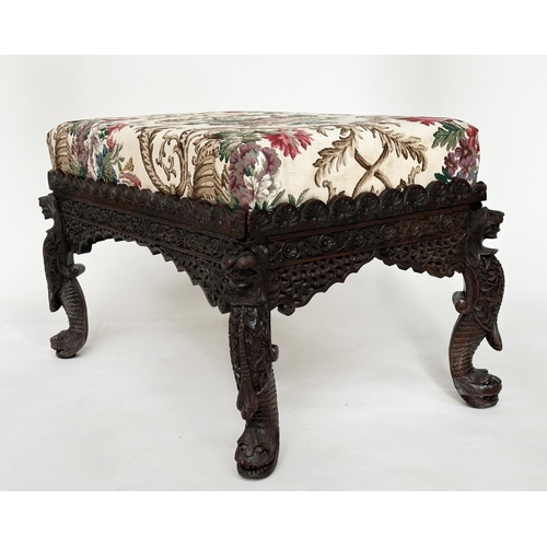 163 - HEARTH STOOL, 19th century Indian carved teak with English Country House style cotton upholstery, 82... 