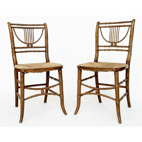 164 - FAUX BAMBOO SIDE CHAIRS, a pair, early 19th century faux bamboo carved fruitwood, 41cm W. (2)