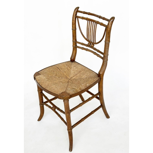 164 - FAUX BAMBOO SIDE CHAIRS, a pair, early 19th century faux bamboo carved fruitwood, 41cm W. (2)