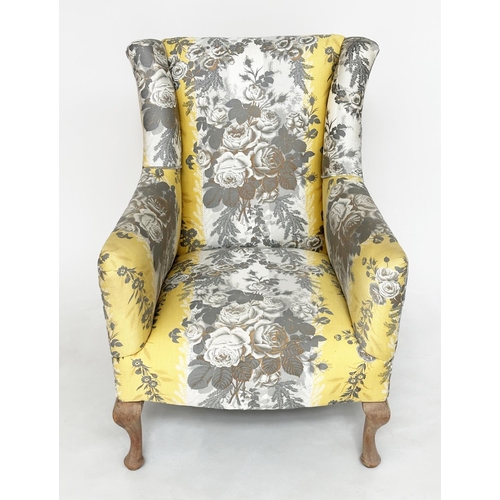 166 - ARMCHAIR, early 20th century with yellow and grey printed cotton upholstery, 58cm W.