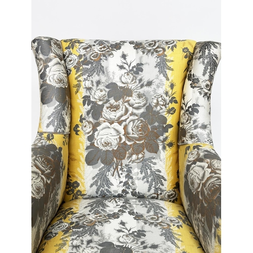 166 - ARMCHAIR, early 20th century with yellow and grey printed cotton upholstery, 58cm W.