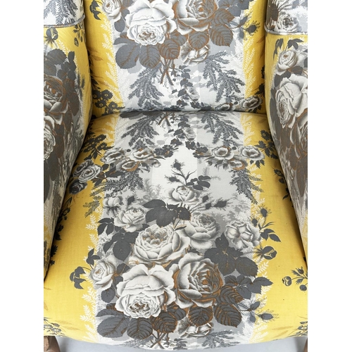 166 - ARMCHAIR, early 20th century with yellow and grey printed cotton upholstery, 58cm W.