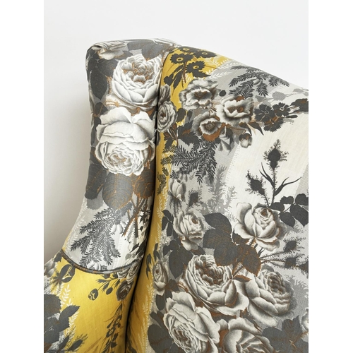 166 - ARMCHAIR, early 20th century with yellow and grey printed cotton upholstery, 58cm W.