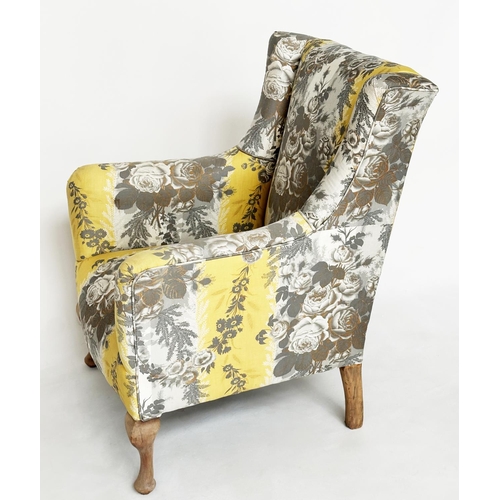 166 - ARMCHAIR, early 20th century with yellow and grey printed cotton upholstery, 58cm W.