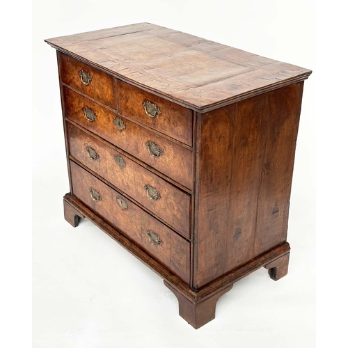 157 - CHEST, early 18th century English Queen Anne figured walnut and crossbanded with two short above thr... 