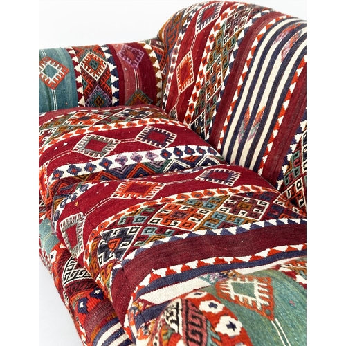 159 - KILIM SOFA, early 20th century drop arm mahogany kilim upholstery and turned front supports, 160cm W... 