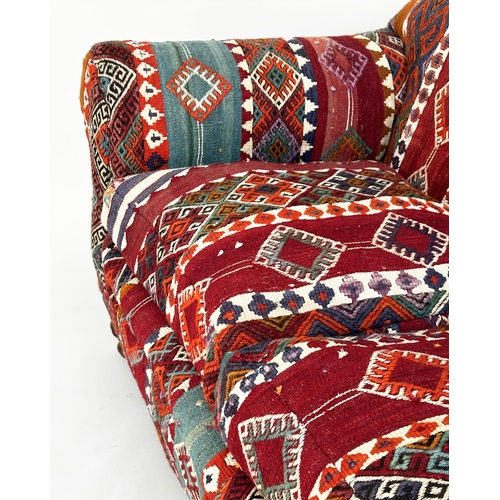 159 - KILIM SOFA, early 20th century drop arm mahogany kilim upholstery and turned front supports, 160cm W... 