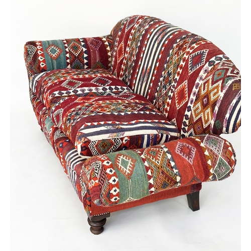 159 - KILIM SOFA, early 20th century drop arm mahogany kilim upholstery and turned front supports, 160cm W... 