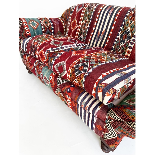 159 - KILIM SOFA, early 20th century drop arm mahogany kilim upholstery and turned front supports, 160cm W... 