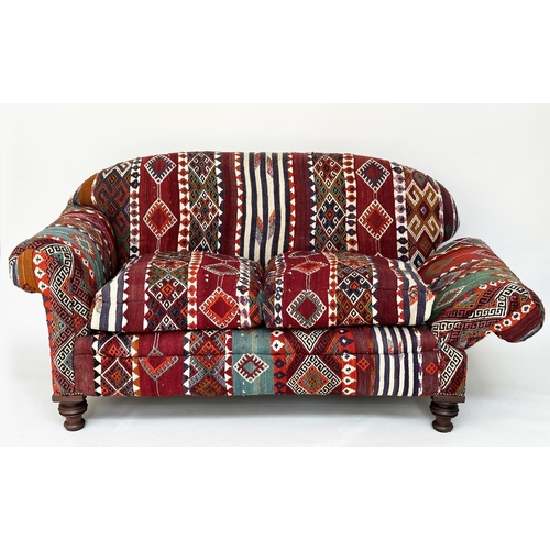 159 - KILIM SOFA, early 20th century drop arm mahogany kilim upholstery and turned front supports, 160cm W... 