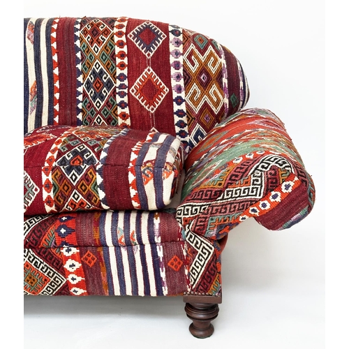 159 - KILIM SOFA, early 20th century drop arm mahogany kilim upholstery and turned front supports, 160cm W... 