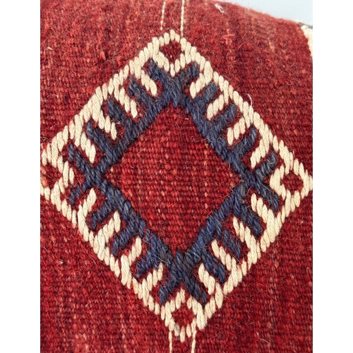 159 - KILIM SOFA, early 20th century drop arm mahogany kilim upholstery and turned front supports, 160cm W... 