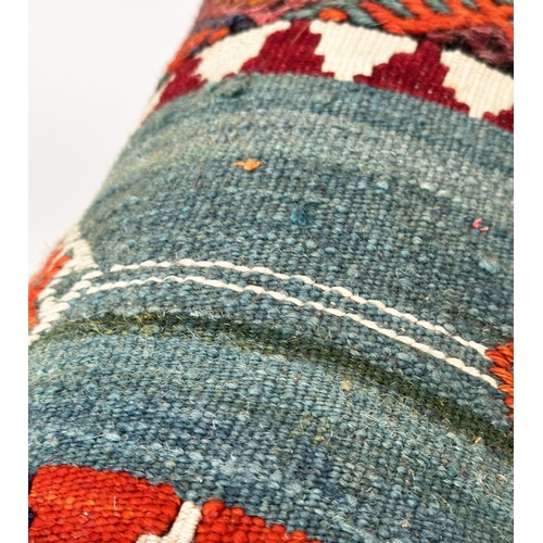 159 - KILIM SOFA, early 20th century drop arm mahogany kilim upholstery and turned front supports, 160cm W... 