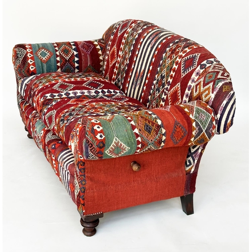 159 - KILIM SOFA, early 20th century drop arm mahogany kilim upholstery and turned front supports, 160cm W... 