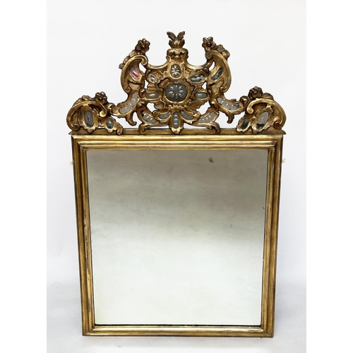 161 - WALL MIRROR, 19th century Italian with rectangular framed and carved pierced mirrored crest, 124cm H... 