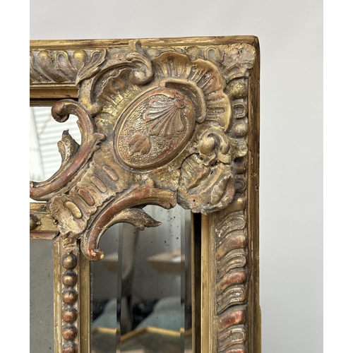 155 - WALL MIRROR, 19th century French giltwood and gesso moulded, rectangular bevelled mirror with cushio... 