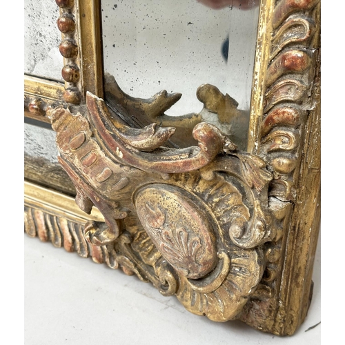 155 - WALL MIRROR, 19th century French giltwood and gesso moulded, rectangular bevelled mirror with cushio... 