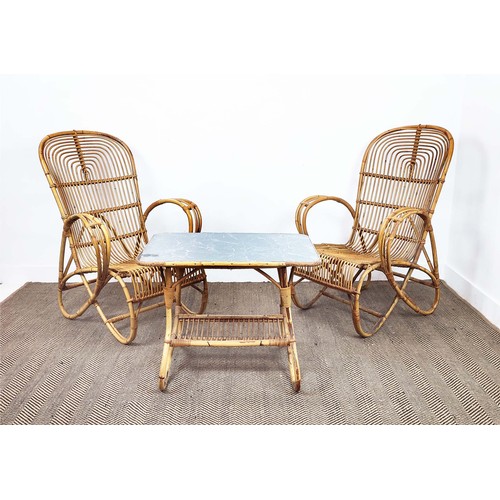 504 - FRANCO ALBINI STYLE CHAIRS, a pair, 1960's Italian bamboo, 101cm x 69, together with a matching coff... 