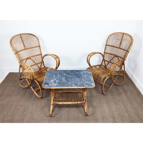 504 - FRANCO ALBINI STYLE CHAIRS, a pair, 1960's Italian bamboo, 101cm x 69, together with a matching coff... 