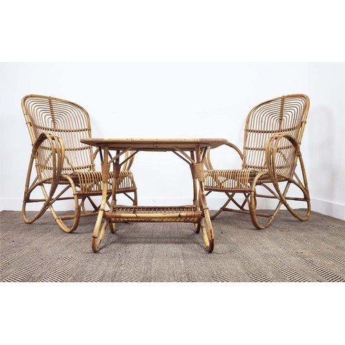 504 - FRANCO ALBINI STYLE CHAIRS, a pair, 1960's Italian bamboo, 101cm x 69, together with a matching coff... 