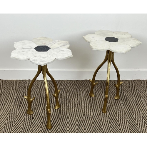 508 - SIDE TABLES, a pair, 1970s Italian design, marble flower head tops on naturalistic branch form gilt ... 