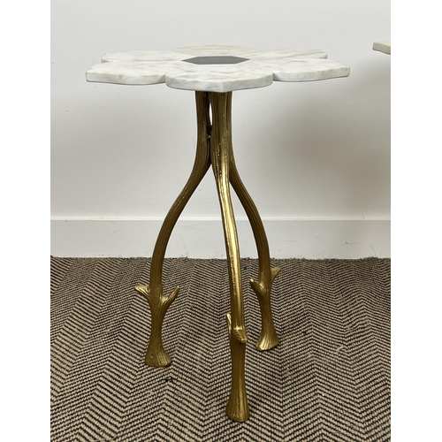 508 - SIDE TABLES, a pair, 1970s Italian design, marble flower head tops on naturalistic branch form gilt ... 