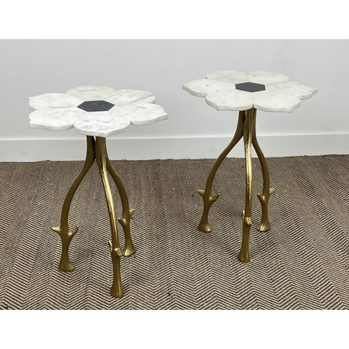 508 - SIDE TABLES, a pair, 1970s Italian design, marble flower head tops on naturalistic branch form gilt ... 