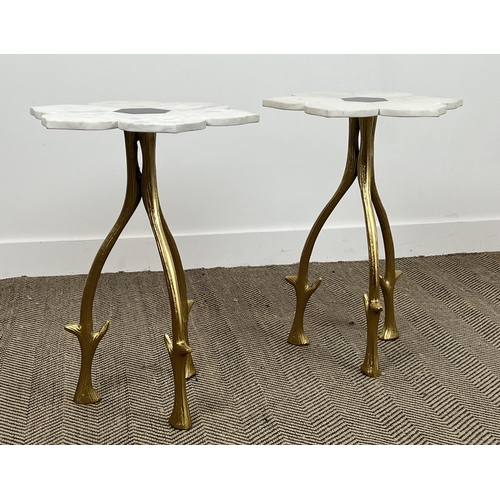 508 - SIDE TABLES, a pair, 1970s Italian design, marble flower head tops on naturalistic branch form gilt ... 